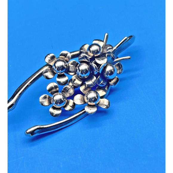 Vintage MCM Mid Century Silver-tone Wishbone Floral Cluster Brooch Pin 2" - Picture 7 of 12